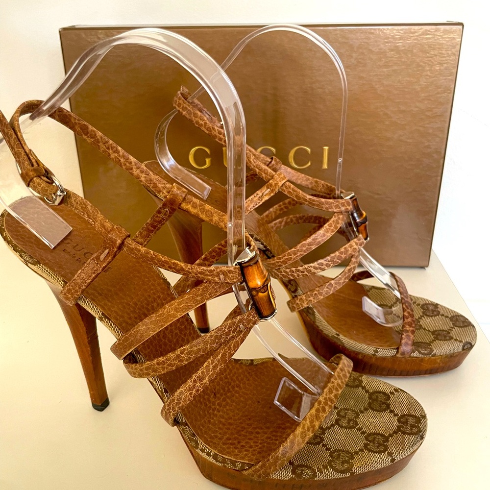 GUCCI Brown Leather Strappy, Guccissima Bamboo Icon Sandals Sz 38.5 MINT! In box